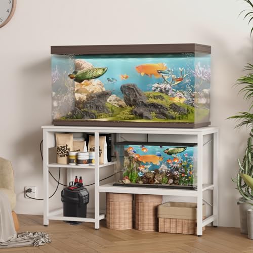 BEURUKU 55-75 Gallon Fish Tank Stand with Power Outlet & LED Light, Metal Aquarium Stand with 3 Tier Adjustable Storage Shelves, Tank Stand for Reptile Tank, Turtle Tank, 52" L*19.5" W, White - color: White, size: 55-75 Gallon