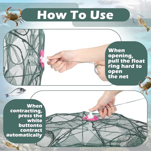 2 Pack Crawfish Traps 8-Sided 16-Entrance Fishing Net Foldable Fishing Bait Trap Cast Net Cage with Pull Rope, Bait Bag & Floating Ring for Catching Minnow Fish Crayfish Shrimp Crab Lobster