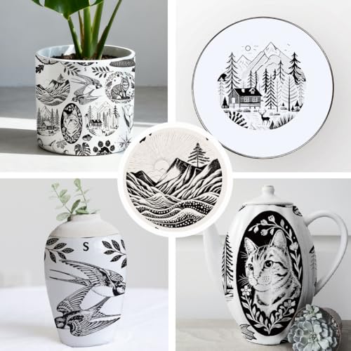 SUPERDANT 4PCS Mountain Scenery Underglaze Paper Transfer Cat Animal Transfer Paper for Clay Ceramic Porcelain Under Glaze Transfers for Pottery Enamel Decals Black Underglaze Decal Papers - style: Natural Element
