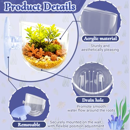 4 Pack Aquarium Plant Holder with Hole, Fish Tank Aquatic Plant Pot Cup with Large Suction Cup, Clear Acrylic Aquarium Planter for Fish Tank Aquascape Decorations