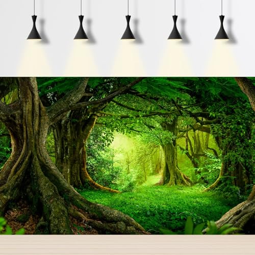 Forest Aquarium Background Lush Green Tropical Rainforest Natural Landscape Terrarium Background Jungle Forest with Sunbeams Old Huge Trees Fish Tank Background Wallpaper Poster Vinyl 24x12in - color: Forest Green, size: 24(W)x12(H)inches/ 60(W)*30cm(H)