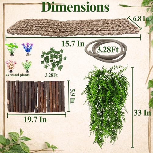 Bearded Dragon Tank Accessories, 9Pcs Reptile Plants Vines Hammock Flexible Bridge with Suction Cups Terrarium Habitat Décor for Snake Gecko Lizard Chameleon
