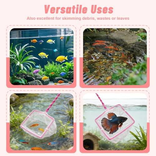 (14.5''L,Net Opening:4.1" x 3.3") Aquarium Fishing Net for Betta Tanks & Small Fish Tanks, Soft Fine Square Mesh, Food Wastes Skimmer for Small Ponds and Pools, Shrimp,Pink - color: Pink