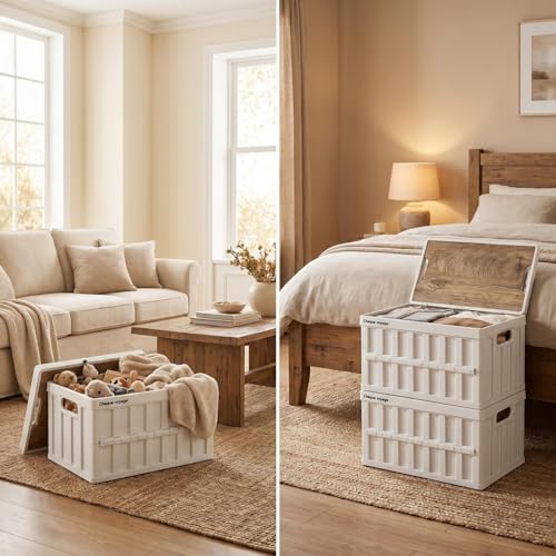 VIMI 50L Collapsible Storage Bins with Lids Stackable Utility Crates with Handles Plastic Large Folding Containers for Organizing Tools,Books,Food,Drinks,Camping&Transport (White-2 Pack) - color: White-2 Pack