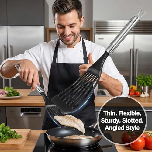 KSENDALO Thin Flexible Nylon Fish Spatula for Nonstick Cookware Fish Spatula Egg Flipper Hollow Steel Handle, LFGB Certified Nylon Thin Blade Sturdy Hollow Handle Dishwasher Safe- Silver/Black - size: Medium (1 Pack)