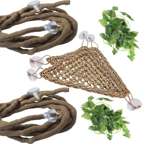 Bearded Dragon Hammock Jungle Climber Vines Flexible Reptile Leaves with Suction Cups Habitat Decor for Climbing, Chameleon, Lizards, Gecko, and Snakes（6 PCS） - size: 6 PCS