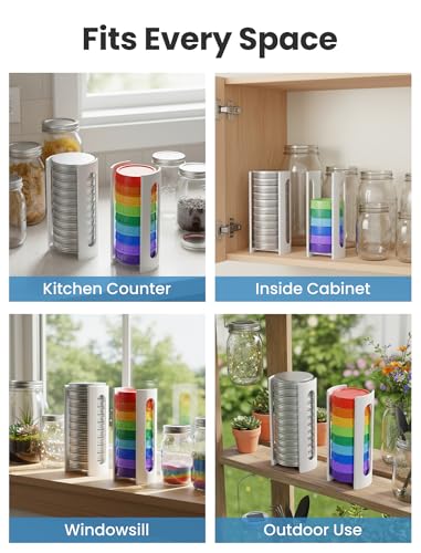 NiHome 2-Pack 3D Printed Plastic Mason Jar Lid Organizer Rack, Adjustable Size Holder for Regular & Wide Mouth Lids, Vertical Storage Stand for Cabinet Kitchen Countertop & Pantry Organization (White)
