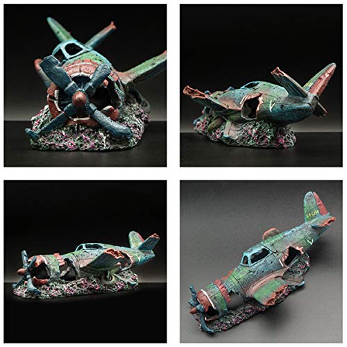 S-Lifeeling Fish Tank Decoration Fighter Vintage Airplane Ruins Submarine Landscape Fish Shrimp Shelter Cave Hideout Resin Aquarium Decor Turtle Tank Decoration - color: Airplane S Size