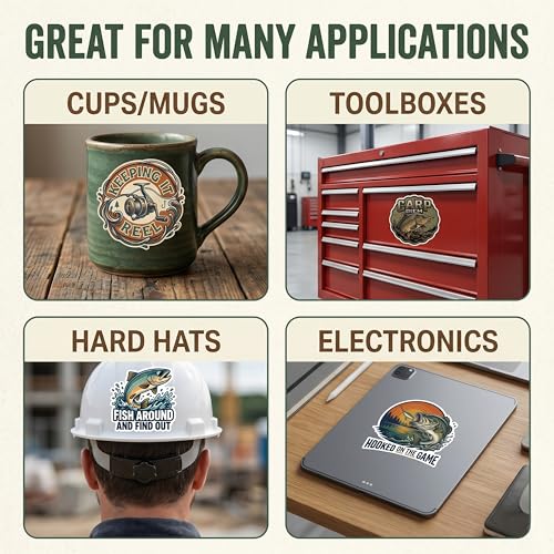 Premium UV DTF Fishing Stickers – Waterproof 3D Permanent Decals for Hard Surfaces – Bass, Trout & Saltwater Designs for Coolers, Tumblers, Tackle Boxes, Boats, Cups, Mugs (Fishing Set 5)