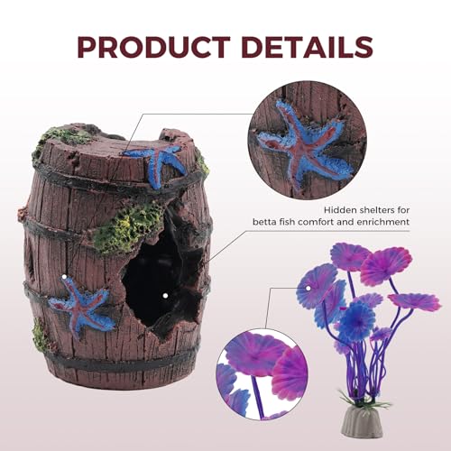 Aquarium Decor for Betta Fish Tanks, Tank Accessories, Starfish Barrel x 1 pcs, Aquarium Plants x 4 pcs
