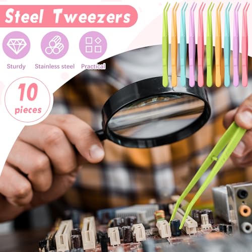 Honoson 10 Pcs Stainless Steel Tweezers for Crafting with Curved Serrated Tip Multipurpose Forceps Sewing Machine Tweezers Bulk (Colorful) - color: Colorful