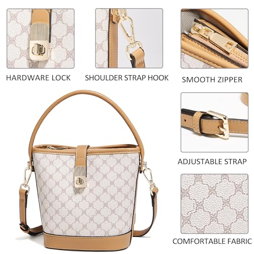 FOXLOVER Coated Canvas Bucket Crossbody Bags for Women Top-Handle Handbags Small Satchel Purse Trendy Twist Lock - color: White