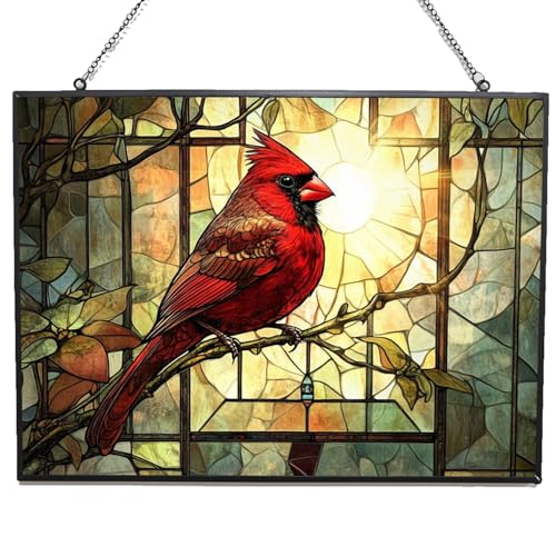 Rectangle Vintage Cardinal On Branch Stained Glass Window Hanging Customized Suncatcher Glass Panel with Metal Chain Sun Catchers Wall Art Home Decor Gift for Women Mothers Day - color: Vintage Cardinal on Branch 4, size: 9.4x7.1 IN