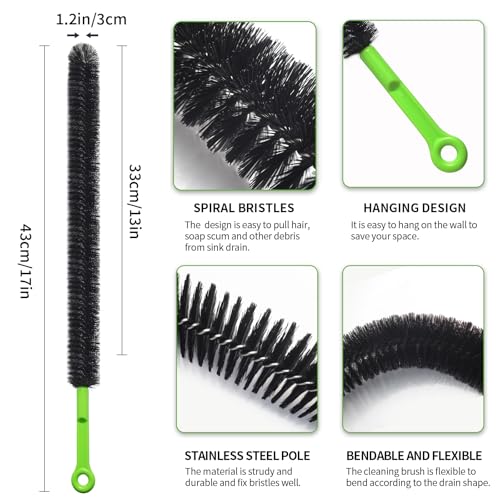 2 Pcs 17” Flexible Sink Drain Cleaner Brush Long Pipe Cleaner Brush for Cleaning Home Kitchen Sink Buthtub Snake Tube Hair Drain Clog Remover Brush for Shower and Tub Hair Clogs Bendable Sewer Drain