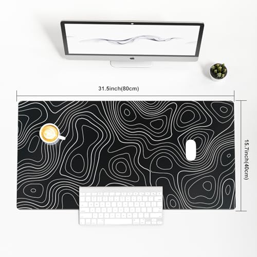 Colorful Star Large Mouse Pad, Black Topographic Desk Mat Office Supplies, Waterproof Faux Leather Big Gaming Mousepad, Black Topography Map Desk Pad Home Office Décor Accessories 31.5" x 15.7" - color: Black Topographic, size: 31.5L x 15.7W inches
