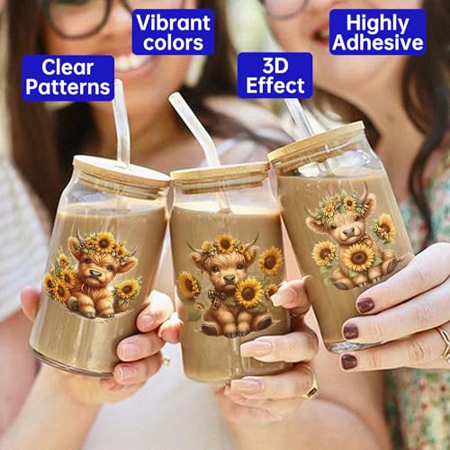 UV DTF Cup Wrap for 16oz Glass, 12 Sheets Highland Cattle Waterproof Rub On Transfers, UV DTF Decals Stickers for Tumbler Water Bottle - style: Highland Cattle