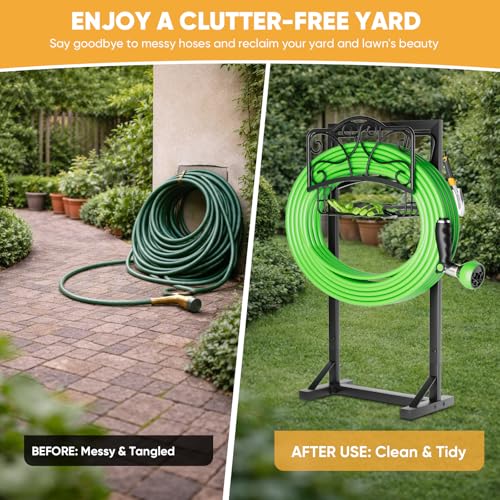 Heavy-Duty Garden Hose Holder with Storage Basket and Tool Hooks, XEAPOMS Stable Hose Hanger Metal Garden Hose Storage Holds 160Ft, Rustproof Freestanding Water Hose Holder for Outside,Yard,Lawn,Farm - color: Black