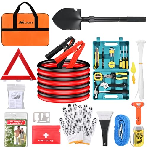 Nilight Car Emergency Kit with Jumper Cable, First Aid Kit Safety Assistance Tools for Travel Camping Outdoor Cars Truck SUV RV, Roadside Essentials with Flash Light - color: Essential Kit+Tool Set