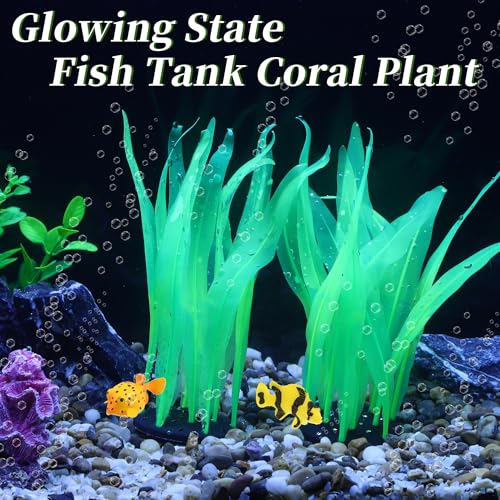Aquarium Glowing Kelp Plant, Soft Silicone Glowing Fish Tank Decorations, Fluorescence Coral Decor for Aquarium Decor Green 2pcs