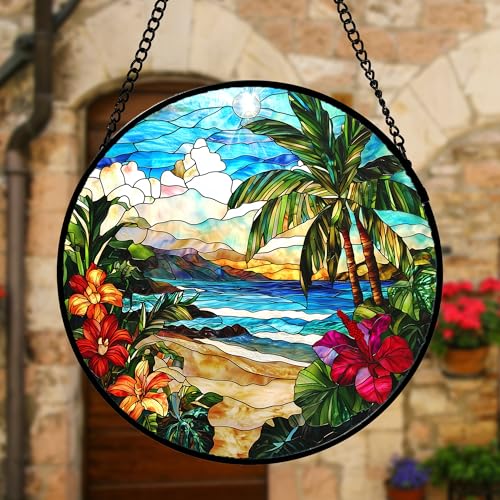 DASTOLL Stained Glass Window Hanging, Blue Beach Scenery Suncatcher Diamond Glass Panel Hangings Sun Catchers Decor for Birthday for Women, Men, Wife, Aunt, and Mom 9.8 in - color: Blue-green, size: 9.8x9.8 IN
