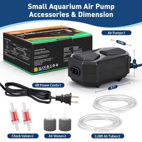 hygger Aquarium Air Pump, Ultra Quiet Oxygen Aerator with Air Stone Airline Tubing Check Valve, Aquarium Fish Tank Air Bubbler for 3 to 79 Gallon Tank and Bucket - size: Large
