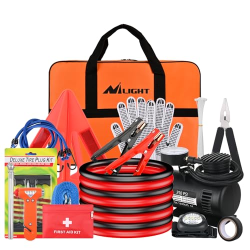 Nilight Car Emergency Kit with Jumper Cable, First Aid Kit Safety Assistance Tools for Travel Camping Outdoor Cars Truck SUV RV, Roadside Essentials with Flash Light - color: Essential Kit+Air Compressor
