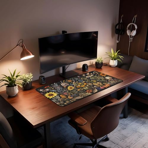 Retro Mouse Pad XXL， Flower Sunflower Plant Desk Mat, Long Computer Mat, Gaming Mouse Keyboard Mats, Full Desktop Protector, Nature-Inspired Decoration Home Office Desk Accessory 31.5" x 15.7" - color: Yellow Sunflower Flowers