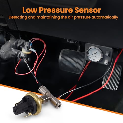 maXpeedingrods On Board Air Compressor System with Low Pressure Sensor Analog Gauge Air Line Fittings Universal Air Compressor Kit for Trucks Vans