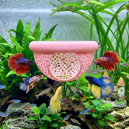 Floating Betta Shrimp Cave, Pink, Large | Multi-Functional Aquarium Hammock, Hiding & Feeding, With Feeding Ring, Tank Resting Spot for Small Fish - color: Pink, size: Large