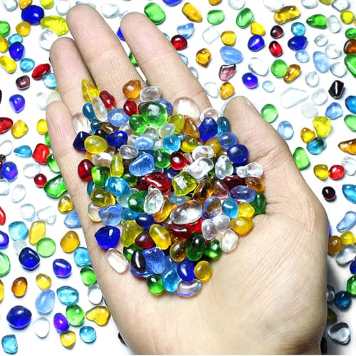 1 Lb (460 g) Colorful Sea Glass Stones Irregular Rainbow Glass Pebble Decorative Rock Quartz Tumbled Gemstone Chips for Aquarium Decoration/Vase Filler/Jewelry Making/Handwork Craft/Gems Display - color: Multicolored