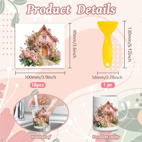 Peacoblue 18 Sheets Rub on Transfers for Crafts, Beautiful House with Flowers 3.6"x3.9" UV DTF Cup Wraps Waterproof Cold Transfers Stickers for Wood Glass Metal Cup Tumblers Mirrors Mugs Home Decor - style: Beautiful House with Flowers