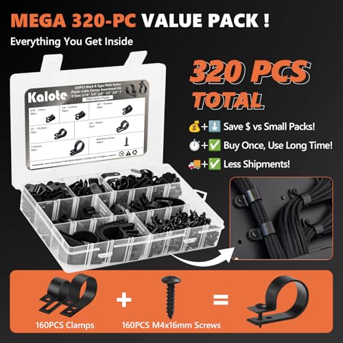 320PCS Black Cable Clamps Nylon Plastic R-Type 6 Sizes 3/16'' 1/4'' 3/8'' 1/2'' 3/4'' 1'' Cable Mounting Wire Clips Assortment Kit with Screws for Wire Management H-049
