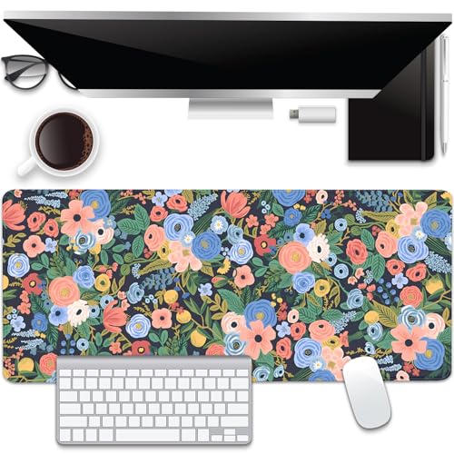 Garden Party Flowers Desk Pad Mouse Pad,Large Floral Mouse Mat with Stitched Edges,Non-Slip Rubber Base Mousepad for Office PC Keyboard Laptop and Home Work Desk Mat(27.5X11.8 in) - color: Garden Party
