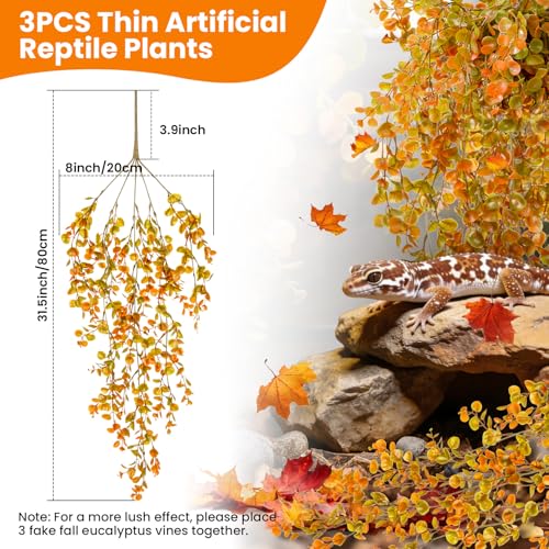 RAINFLOW 3 PCS Fake Hanging Ferns - Fake Eucalyptus Vines for Bearded Dragon Snake Geckos Hermit Crab Lizard Chameleon Reptile Decor(Orange) - color: Orange