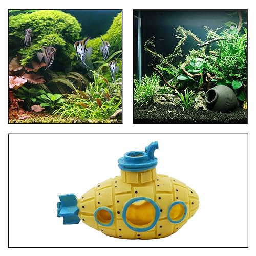Saim Little Cute Retro Submarine Aquarium Decoration,Cave Landscaping Ornament for Shrimp Shelter Betta Cichlid Goldfish Hermit Crabs Fish Tanks Fish Toy - Yellow