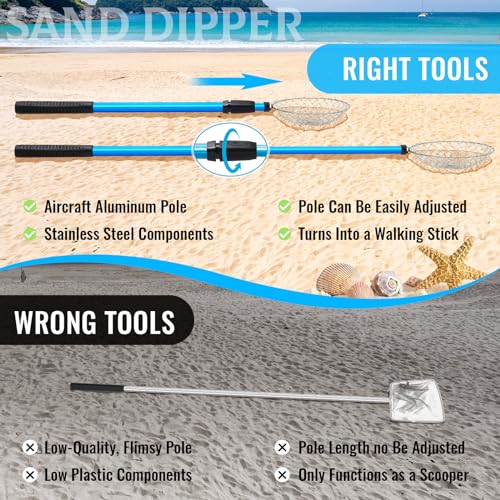 Roshtia 2 Pack Beach Sand Sifter Scoop with Seashell Bags, 18.5"- 30" Adiustable Shark Tooth Sifter Long Handle Sand Digger Scooper for Shell & Shark Tooth Collect Tool Toy for Adults Kid (Blue, Pink) - color: Blue, Pink, size: 18.5-30 Inch, style: Scoop