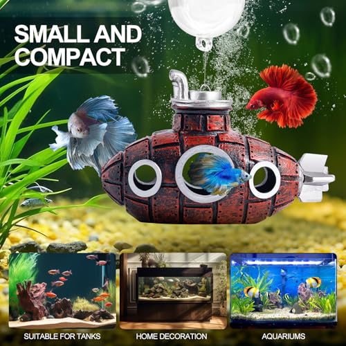 New Upgrade Floating Fish Tank Decoration, Cute Retro Submarine Set and Floating Diver,Three Float Balls, Aquarium Decorations Resinous Betta Fish Tank Accessories - color: Reddish Brown