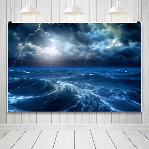 Renaiss 7x5ft Ocean Lightning Backdrop Sea Waves Dark Clouds Sky Night Thunder-Storm Rainy Photography Background for Nautical Baby Shower Kids Birthday Party Banner Photo Studio Props - color: Blue-a, size: 7x5ft