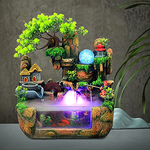 Tabletop Waterfall Fountain with Rockery, Mini Silent Indoor Ornament Desk Water Fountain Desktop Simulation Resin with Atomizer LED Small Fish Tank for Office Bedroom Home Decor Fisherman - color: Style 1
