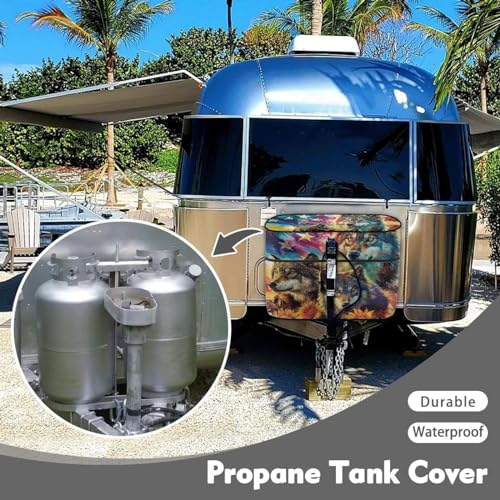 American Flag Wolf Double 20lb RV Propane Tank Cover Reliable Weather Resistant Gas Cylinder Cover Travel Trailer Polyester Waterproof Cover - color: American Flag Wolf-1, size: S(20LB)