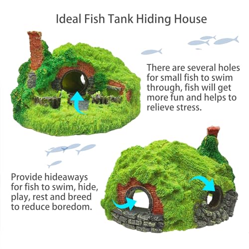 Tfwadmx Fish Tank Hobbit Decorations,Resin Small Fish Cave Hideout House,Aquarium Decor Hide Hole Shelter Castle Ornaments Mini Garden Decorating Accessories - color: Green-5.7 X 5.3 X 3.3 Inches