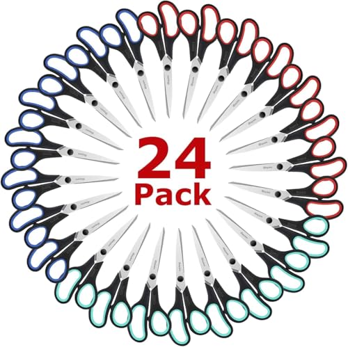 School Office Scissors Bulk, Set of 24-Pack, 8" All Purpose Sharp Scissors with Comfort-Grip Handles for High/Middle School Student Teacher, Office Home Sewing Fabric Supplies, for Right Left Handed - color: Red, Green, Blue, size: 24-Pack