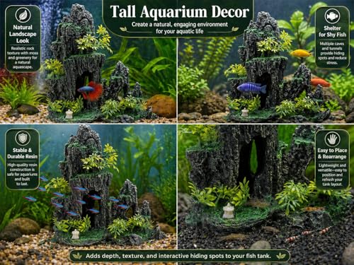 Hoypeyfiy Large Aquarium Decorations and Tall Aquarium Decor for Fish Tank Decorations Artificial Mountain View Ornament Tall Large Aquarium Rock Decor Tree House with Hiding Caves Natural Landscape