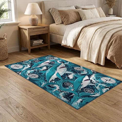 5'x7' Washable Graphic Wave Area Rug, Navy Flatwoven Floor Covering Non-Slip Chair-Friendly Carpet for Dining Room, Under Table, Home Office | Ref:2068650 - color: Blue/Pattern 14, size: 5' x 7' (Rectangular)