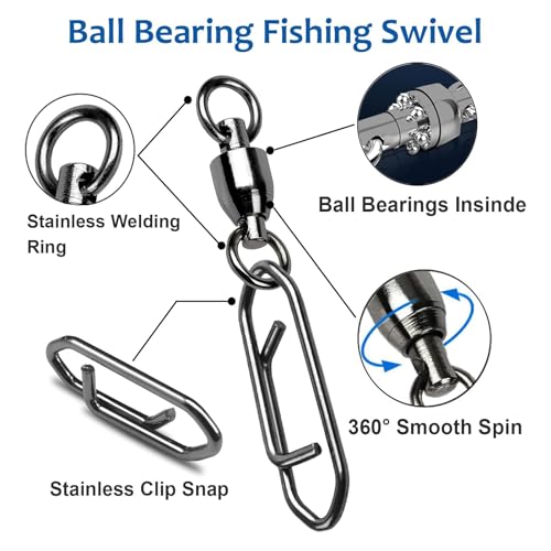AMYSPORTS High Strength Snap Swivels Stainless Bearing Rolling Fishing Swivel Freshwater Snap Swivels Fishing Clip Steel Black Nickel - size: Size 6+XL (166lb) 25 pcs