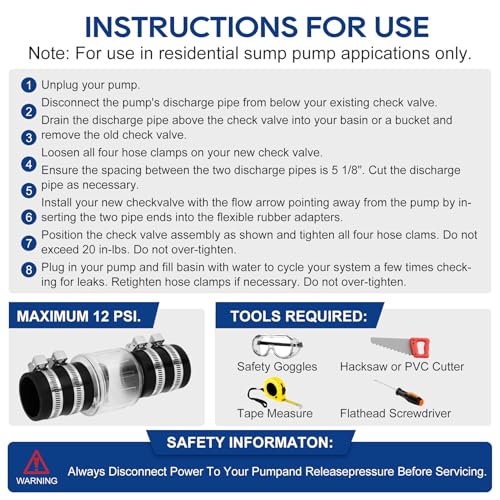 Quiet PVC Check Valve 1-1/2 Inch Sump Pump Check Valve with Buna-N Couplings With Spring Loaded Flapper Fit 1-1/2″ Class 40 Pipe With Stainless Clamps - size: 1-1/2 Inch Sump Pump Check Valve
