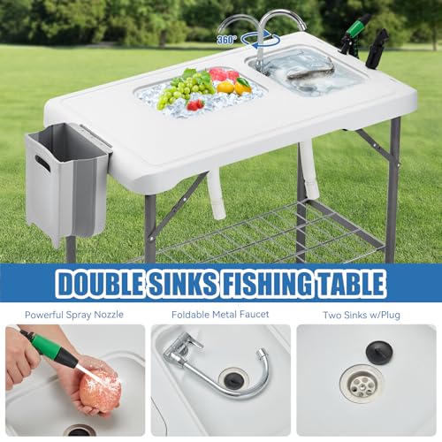 Folding Fish Cleaning Table Portable Camping Double Sinks Table w/2 Dual Water Basins, Faucet Drainage Hose & Sprayer Outdoor Fish Fillet Cleaning Station w/Knife, Storage Box,Black | Portable - style: Dual sink table