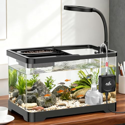 Pawfly 2 Gallon Fish Tank, Ultra Clear Aquarium Starter Kit with 6 W LED Aquarium Light, Mini Air Pump, Filter, Siphon Vacuum Water Changer & Basket, Small Fish Tank for Betta - color: Black-02