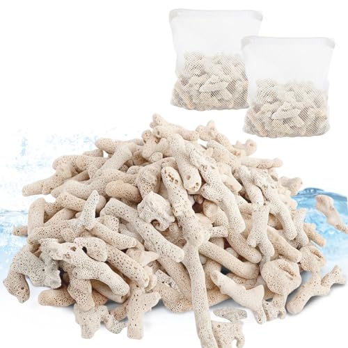 1.32lb/600g Crushed Coral for Freshwater Aquarium, Natural Fish Tank Coral Stone with Mesh Bag, Aquarium Bio Filter Media Bag Reusable Aquarium Filter to Stabilize Water and Raise PH