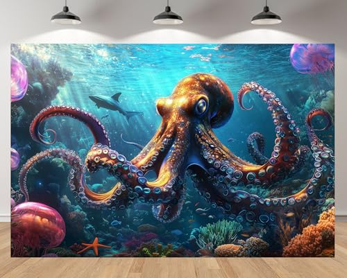 7x5ft Fantasy Octopus Backdrop Colorful Underwater Jellyfish Shark Coral Reef Background Pirate Party Marine Themed Party Birthday Aquarium Event Halloween Decor Photo Studio Booth Props - size: 7x5FT